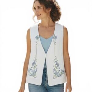 Vintage Floral Cross Stitch Embroidered Wht Linen Vest  Handmade Upcycled  Sz S